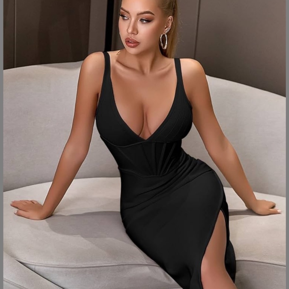 Neck Split Thigh Backless Bodycon Date Night Party Cami Bandage Dress